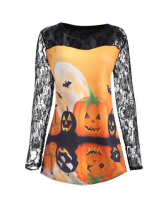 Plus Size Halloween Pumpkin Moon Lace Insert T-Shirt