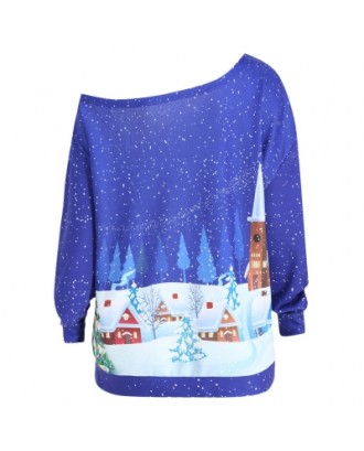Plus Size Christmas Evening Printed Skew Neck Sweatshirt